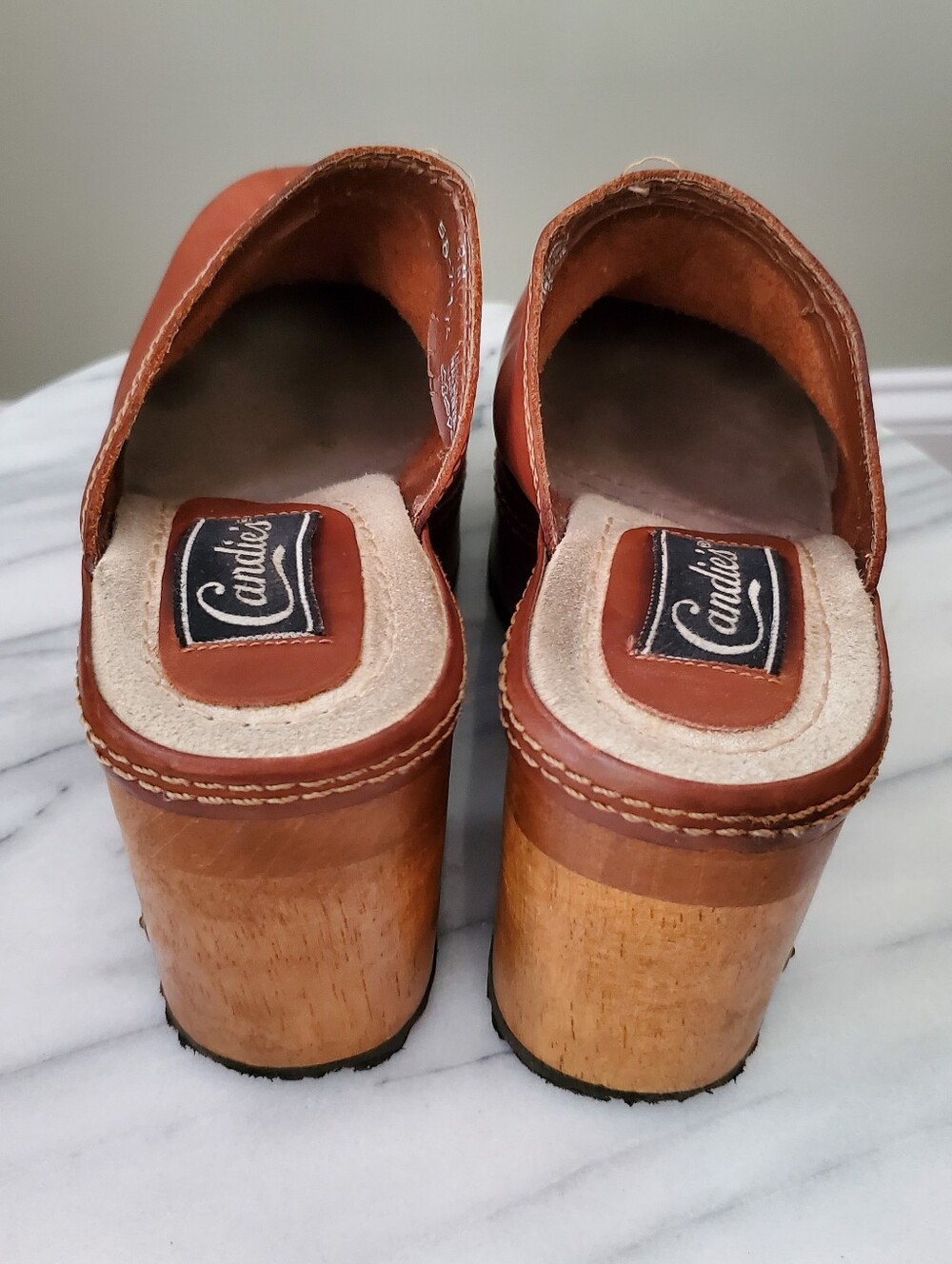 Vintage Candie's Iconic Wooden Platform Leather Mule Clogs - Picture 11 of 13